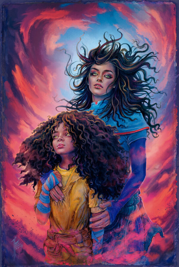 A vibrant, colorful painting depicts two figures with obscured faces. The figure in the foreground has curly hair and is wearing a yellow shirt with blue bandages wrapped around the arms. The figure in the background has long, flowing hair and is dressed in a blue outfit with purple accents. The background is a swirling mix of red, pink, and blue hues, creating a dynamic and energetic atmosphere. The figures appear to be in a protective or comforting pose, with the figure in the background placing a hand on the shoulder of the figure in the foreground. The artist's signature is visible in the bottom left corner.