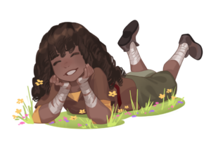 Nico laying on a field of grass, his hands on his chin as he smiles to the audience.